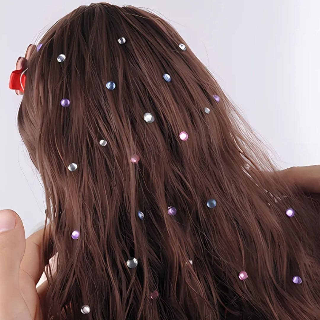 Kit de décoration à strass pour cheveux & accessoires sans chaleur (180 strass + 12 stickers)