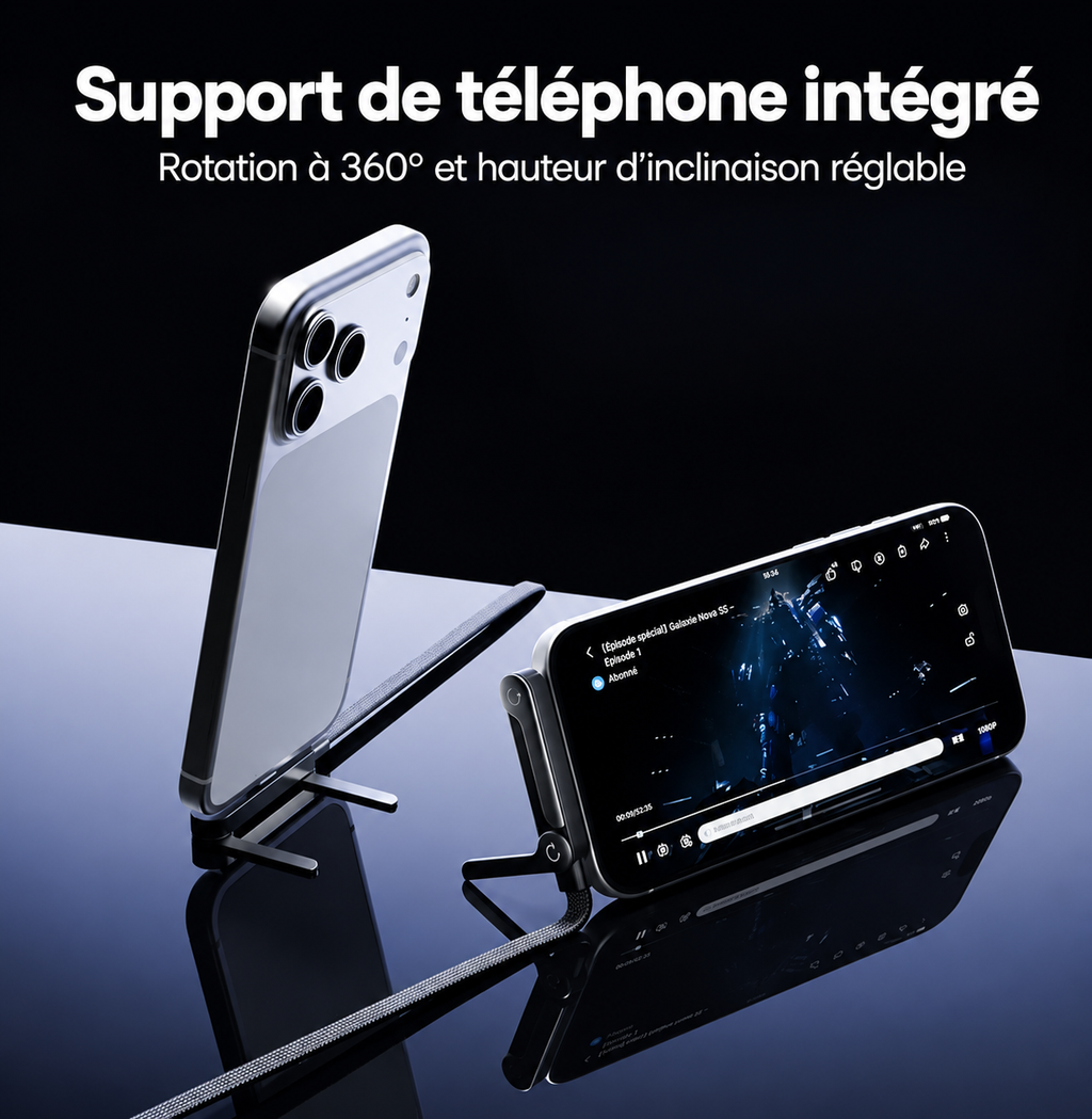 Le Câble de Charge Ultra-Rapide 240W avec Support Invisible Pliable Intégré.