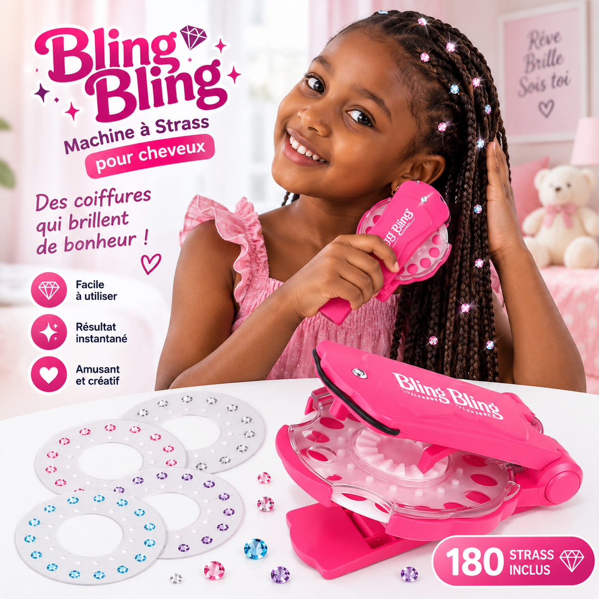 Kit de décoration à strass pour cheveux & accessoires sans chaleur (180 strass + 12 stickers)
