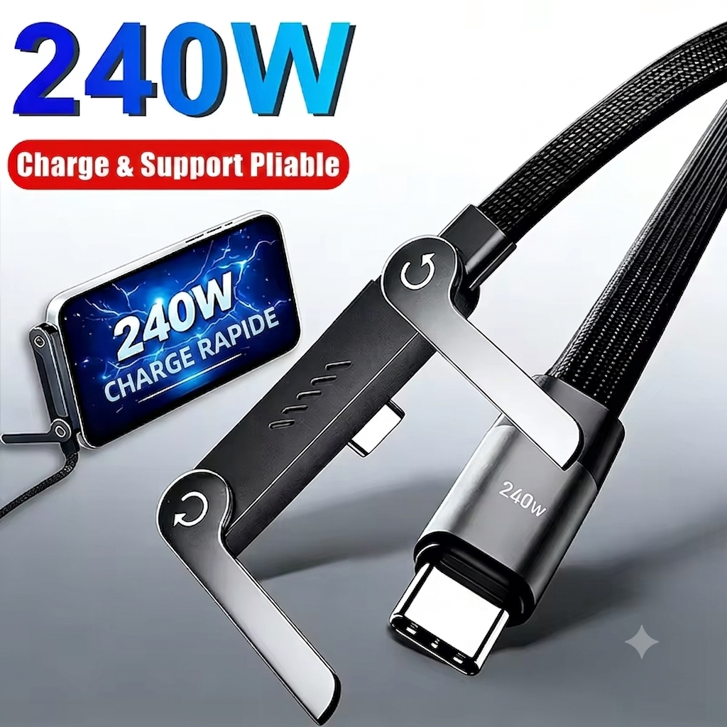Le Câble de Charge Ultra-Rapide 240W avec Support Invisible Pliable Intégré.