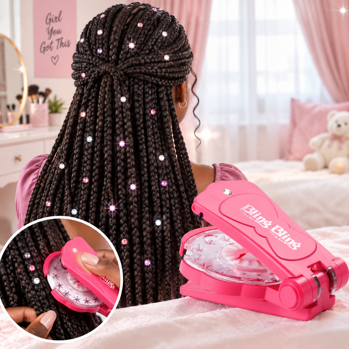 Kit de décoration à strass pour cheveux & accessoires sans chaleur (180 strass + 12 stickers)
